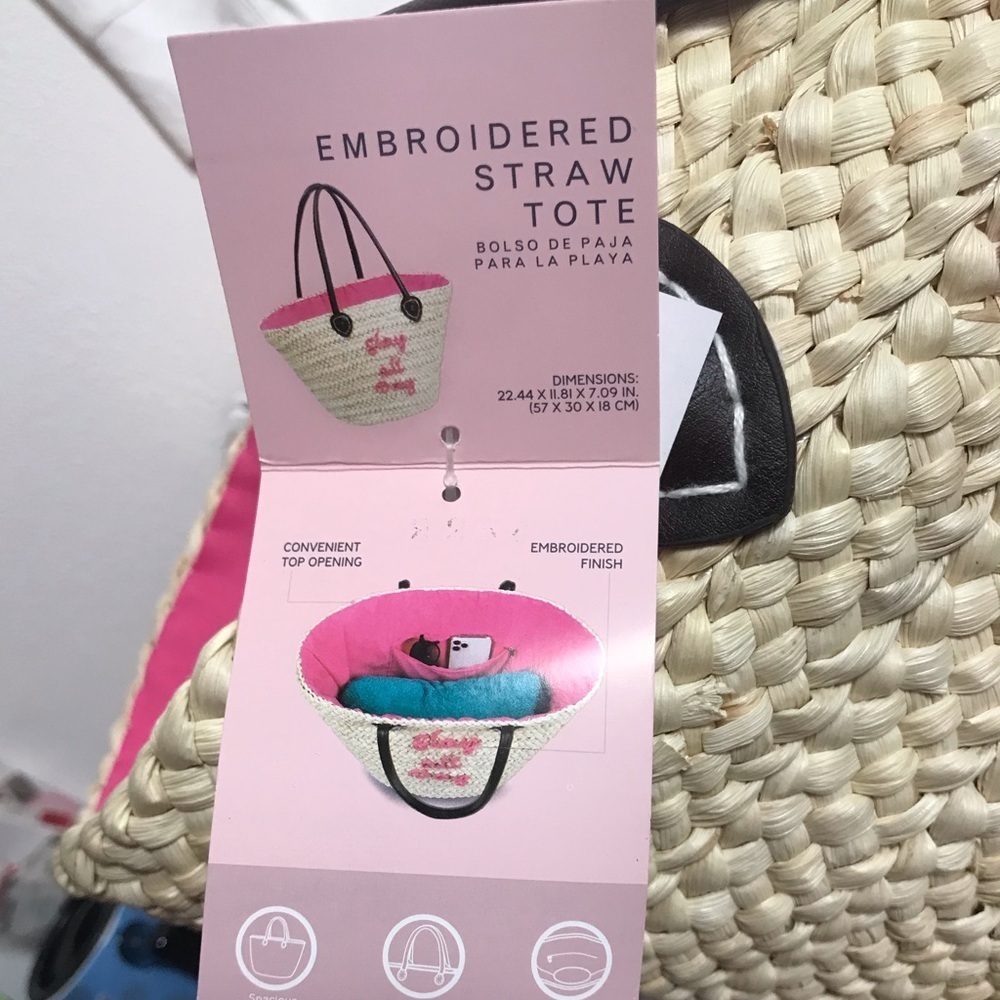 NWT Serra Embroidered Straw Tote Bag,Pink or Black - Picture 6 of 13
